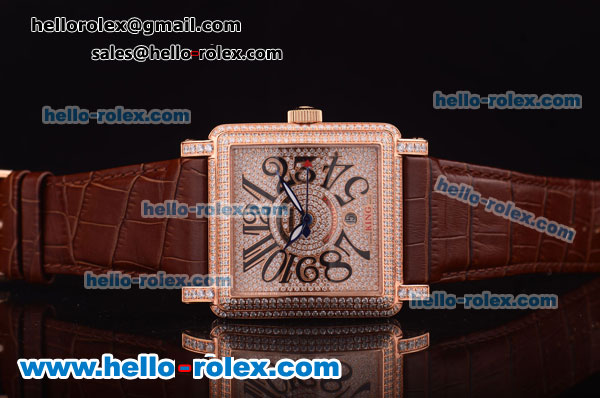 Franck Muller Conquistador King Automatic Rose Gold Case with Diamond Bezel/Dial Brown Leather Strap - Click Image to Close